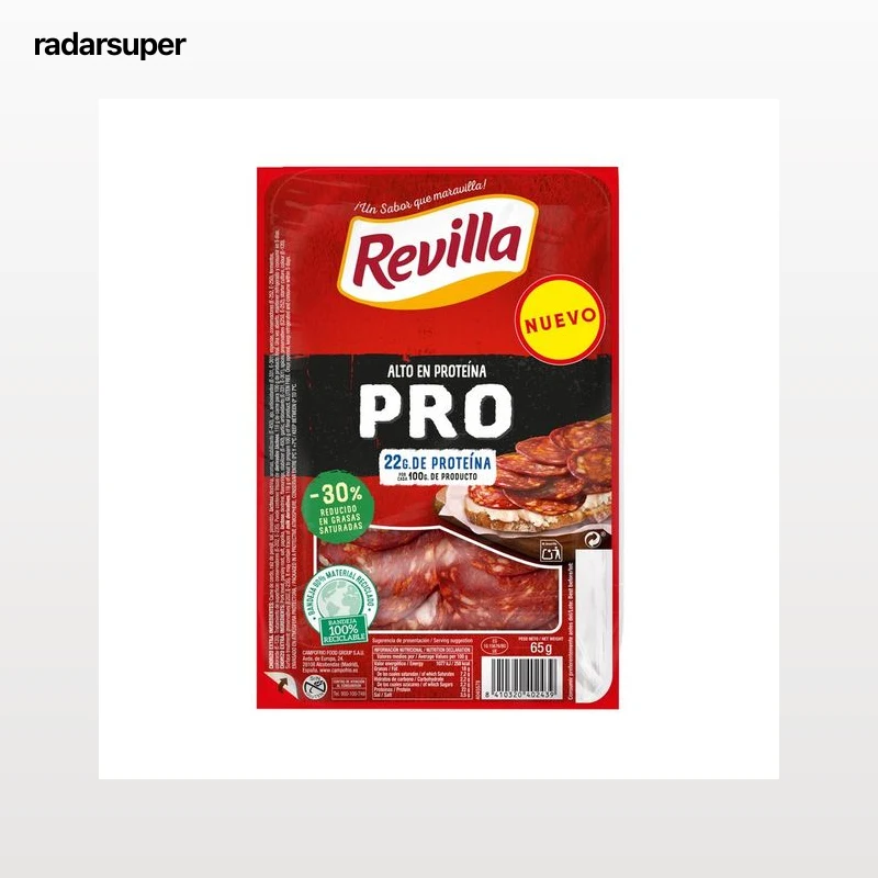 REVILLA Pro Chorizo con un 30% menos de grasa, cortado en lochas y con ALTO en proteína 65 g.