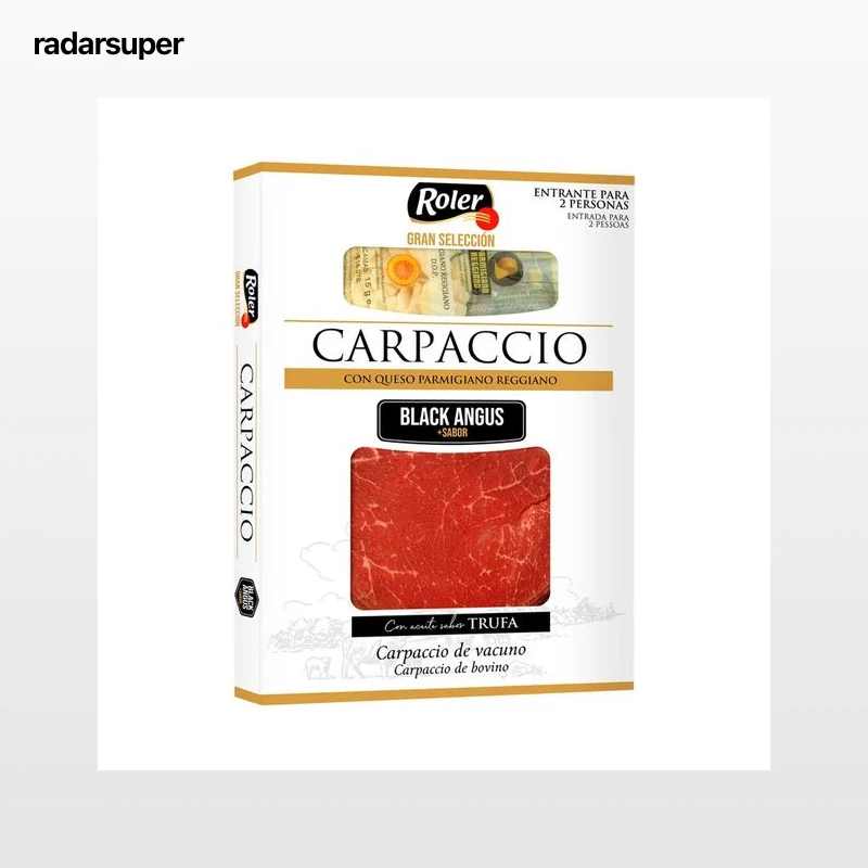 ROLER Carpaccio de vacuno (Black Angus) con queso Parmigiano reggiano y aceite sabor trufa 80 g.
