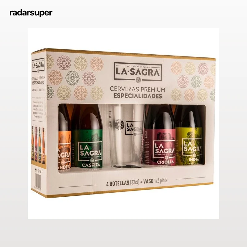 LA SAGRA Especialidades pack de cerveza con vaso incluido 4 botellas de 33 cl.