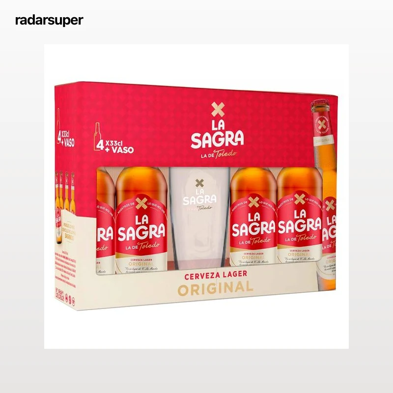 LA SAGRA Premium lager estuche de cervezas 4 uds x 33cl + vaso.