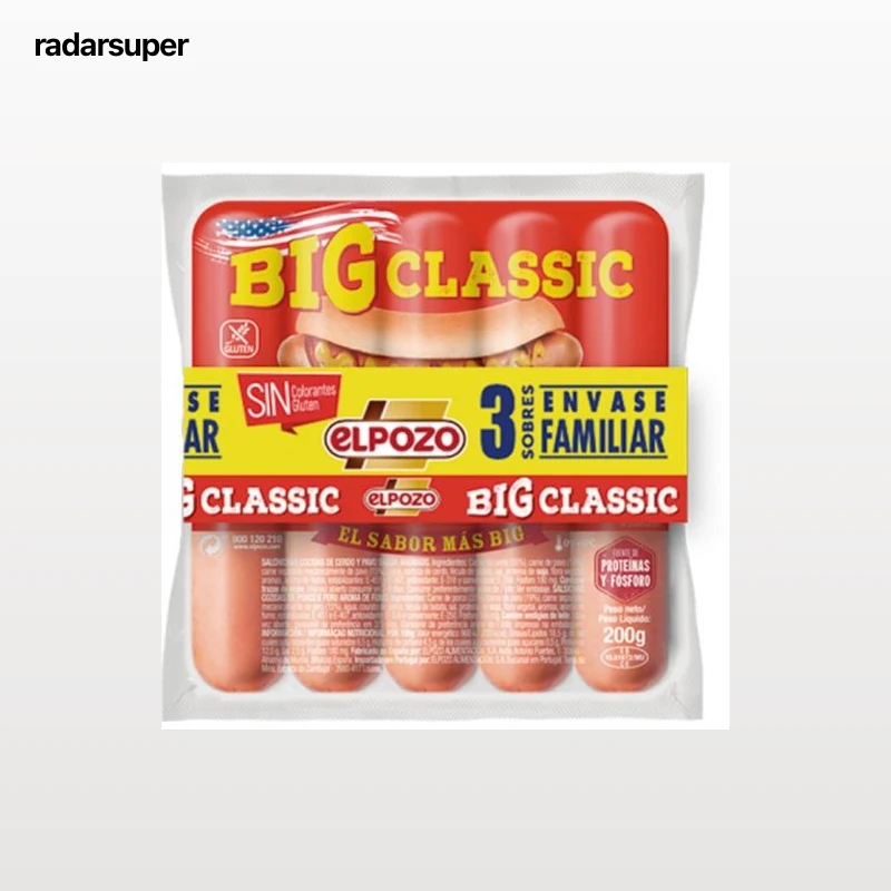 Salchichas BIG classic El Pozo sin gluten pack de 3 unidades de 200 g.