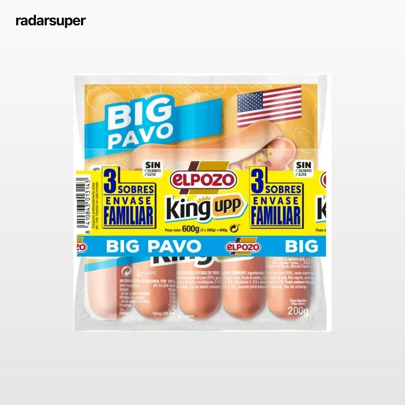 Salchichas BIG pavo El Pozo sin gluten pack de 3 unidades de 200 g.