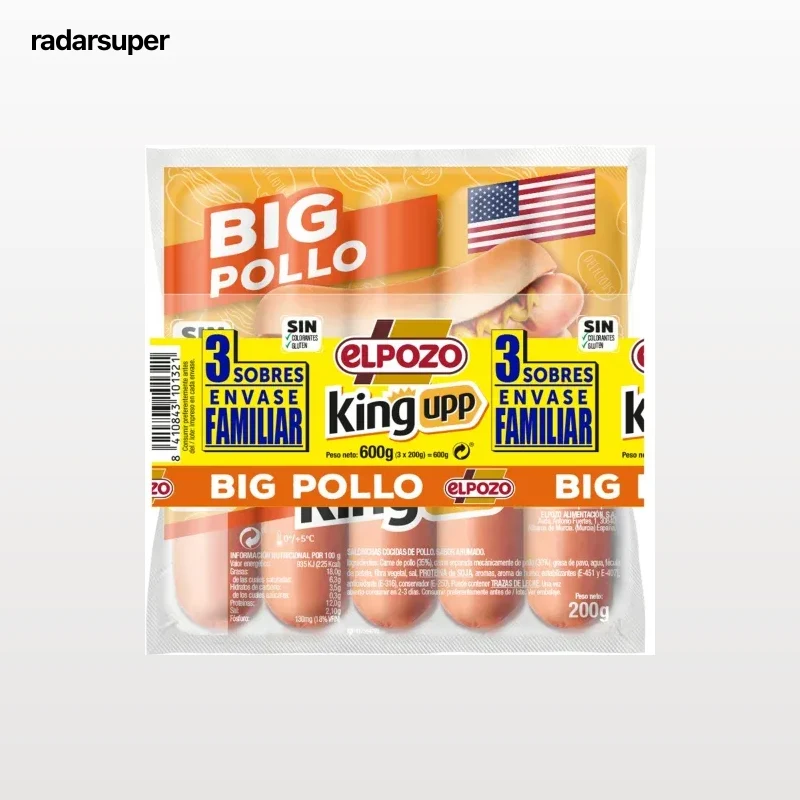 Salchichas BIG pollo El Pozo sin gluten pack de 3 unidades de 200 g.