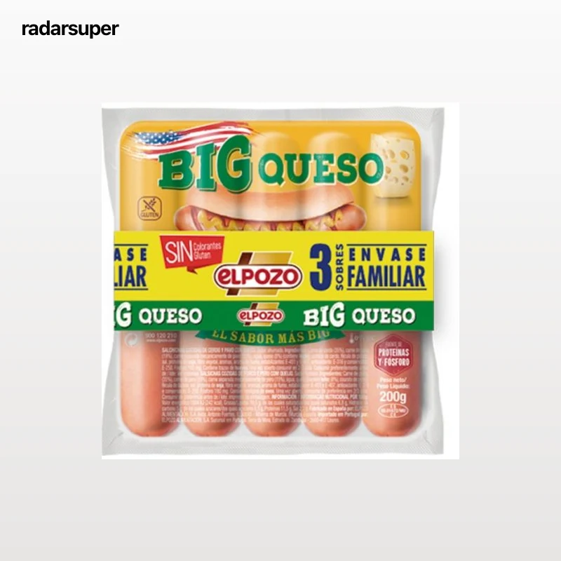 Salchichas BIG queso El Pozo sin gluten pack de 3 unidades de 200 g.