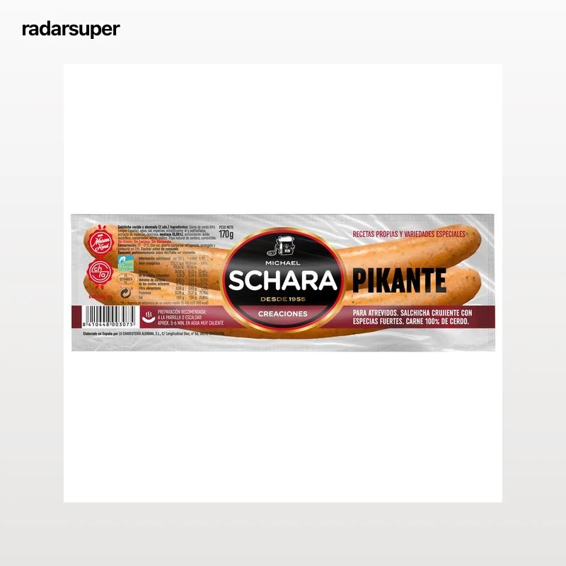 Salchichas cocidas y ahumadas picantes y elaboradas artesanalmente en tripa natural SCHARA Creaciones 170 g.