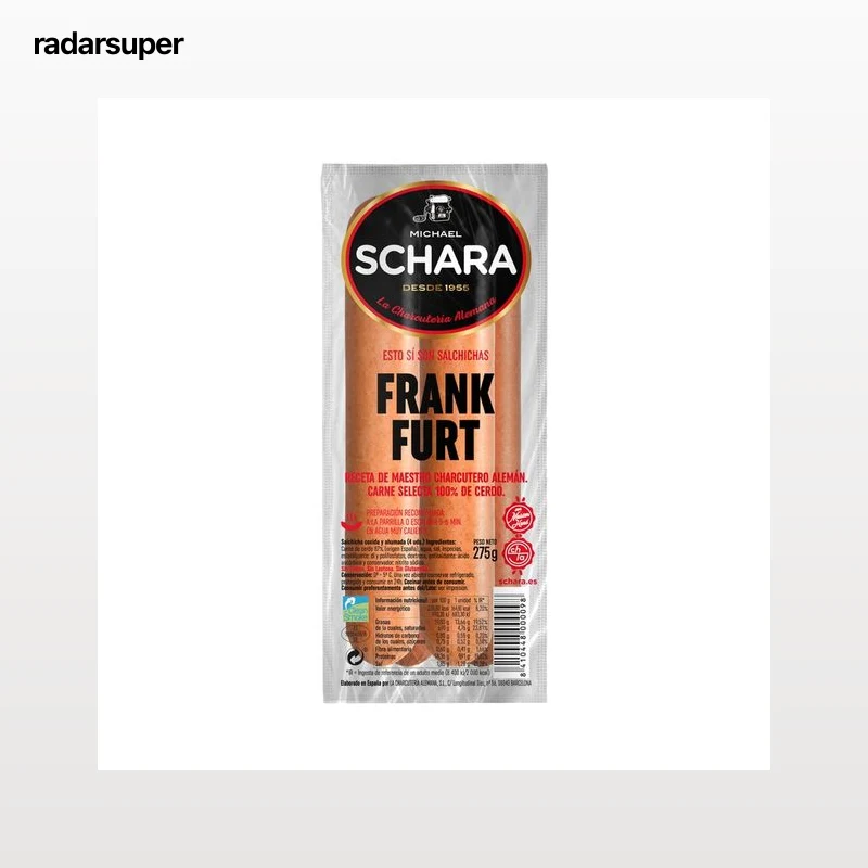 Salchichas cocidas y ahumadas tipo Frankfurt, especiales para parrilla SCHARA 275 g.