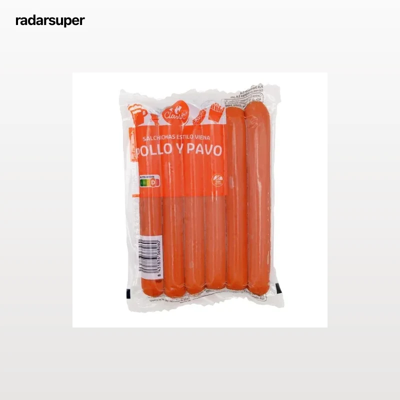 Salchichas cocidas de pollo y pavo ahumadas Carrefour Clasicc sin gluten 200 g.