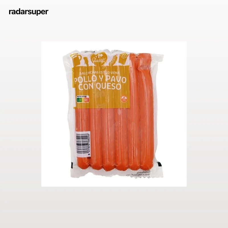 Salchichas cocidas de pollo y pavo con queso ahumadas Carrefour Classic sin gluten 200 g.