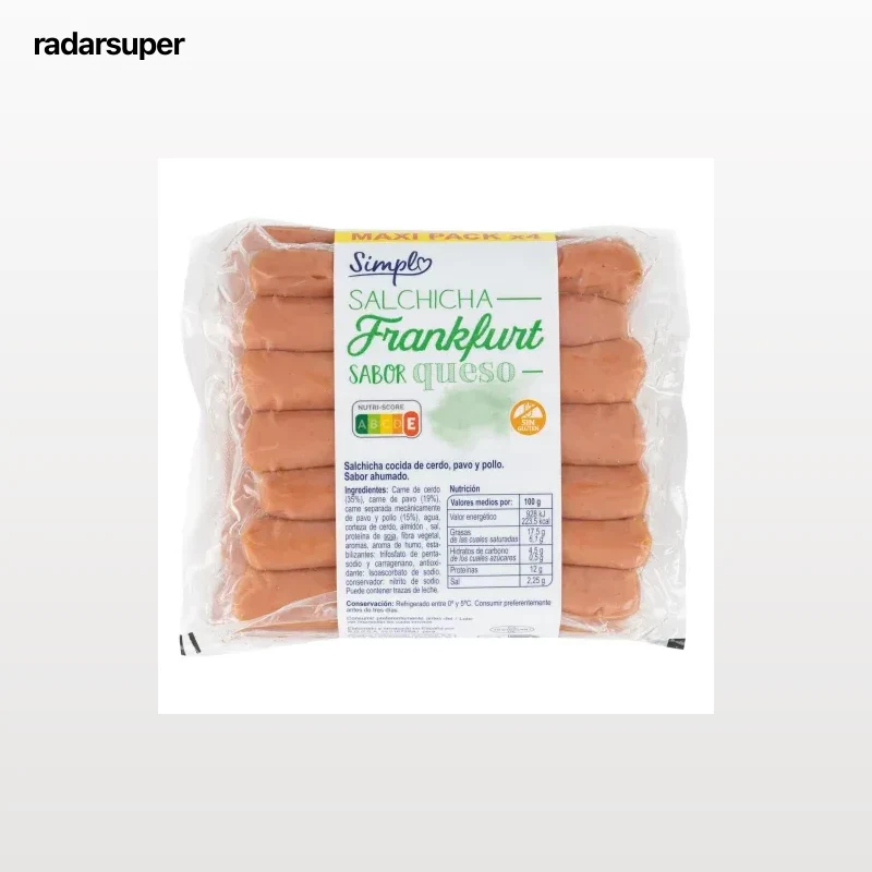 Salchichas frankfurt sabor queso Simpl sin gluten pack de 4 unidades de 140 g.