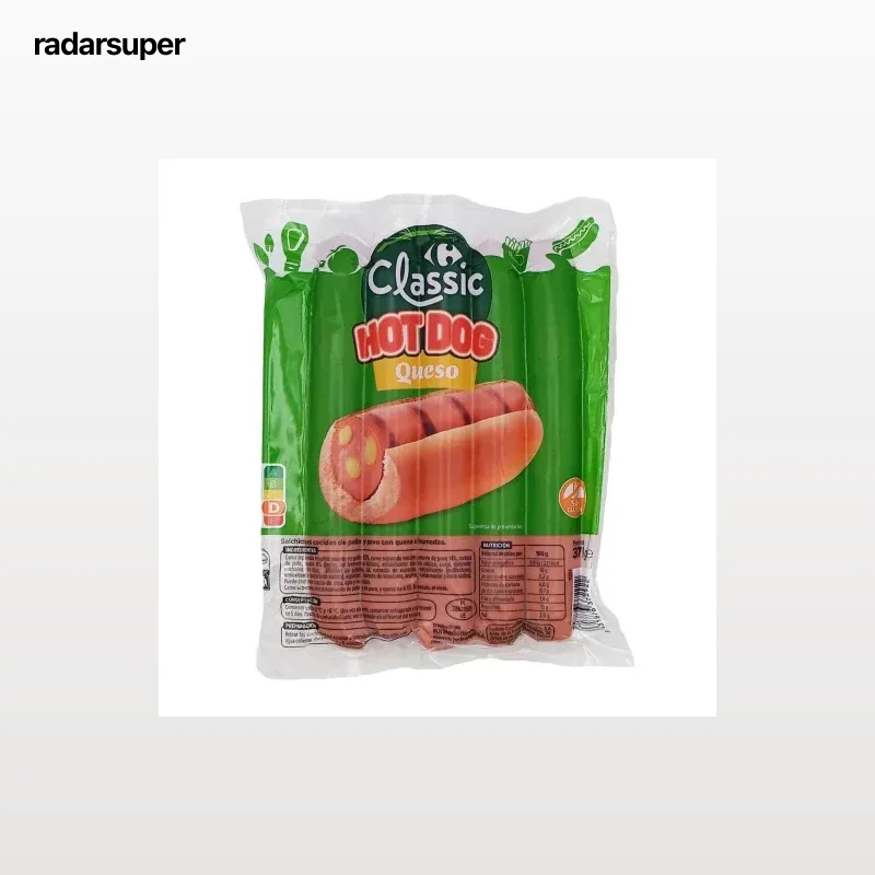Salchichas pollo, pavo, queso tipo hot dog Carrefour sin gluten 375 g.