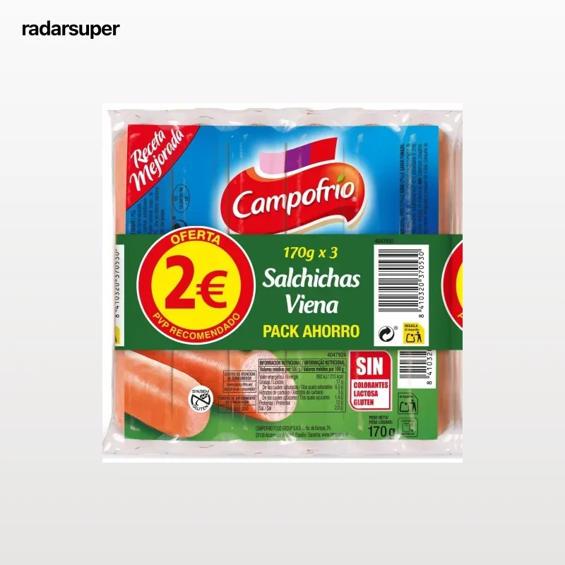 Salchichas viena Campofrío sin gluten y sin lactosa pack de 3 unidades de 170 g.