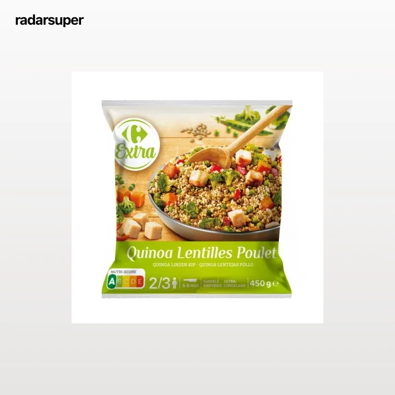 Salteado de quinoa y lentejas con verduras y pollo ultracongelado Extra Carrefour 450 g.
