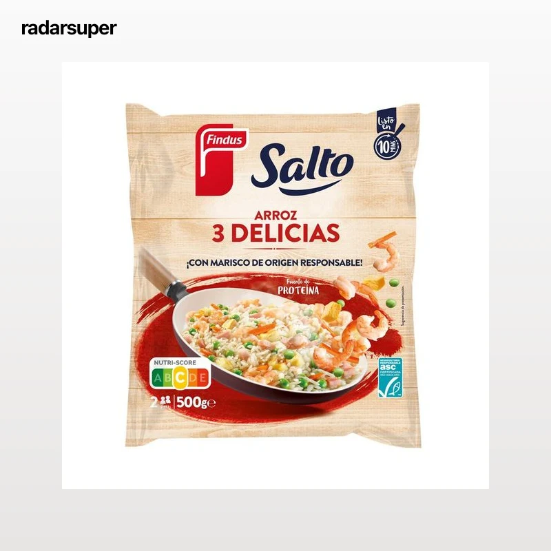 SALTO de Findus Arroz tres delicias, con marisco de origen responsable 500 g.