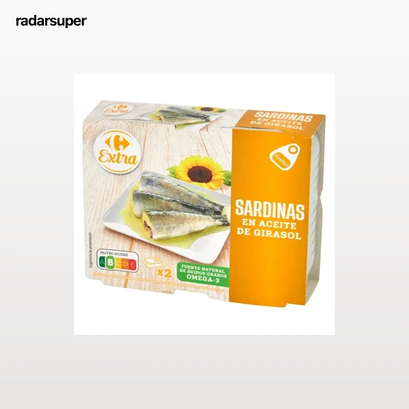 Sardinas en aceite de girasol Extra Carrefour pack de 2 unidades de 88 g.