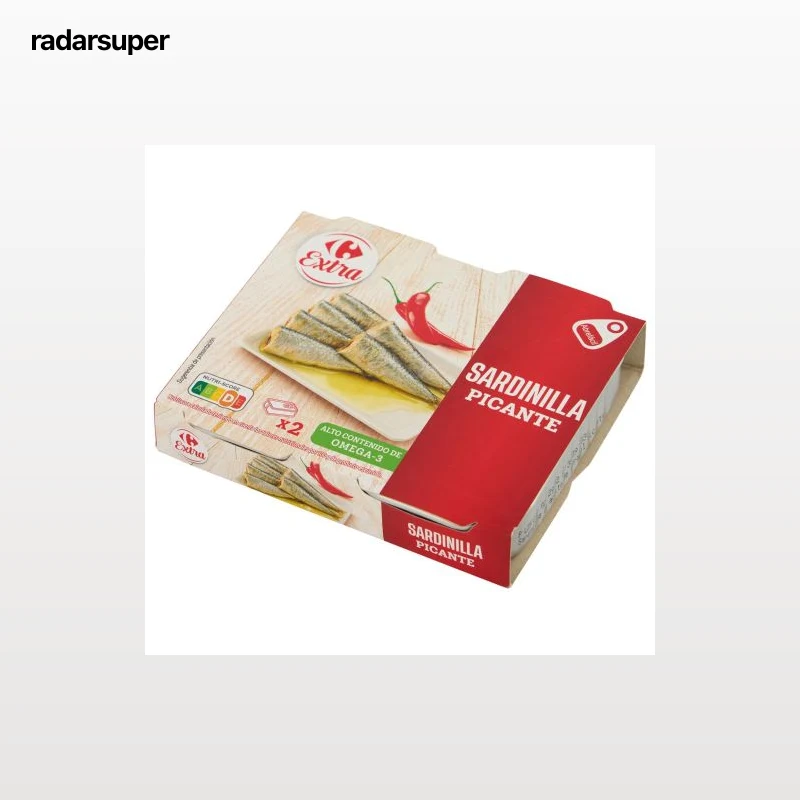 Sardinilla en aceite de girasol picante Extra Carrefour pack 2 latas de 65 g.