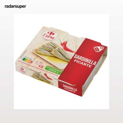 Sardinilla en aceite de girasol picante Extra Carrefour pack 2 latas de 65 g.
