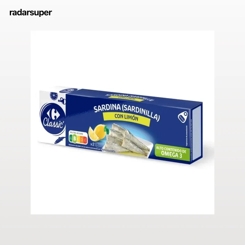 Sardinillas en aceite de girasol con limón Classic Carrefour pack de 2 unidades de 63 g.