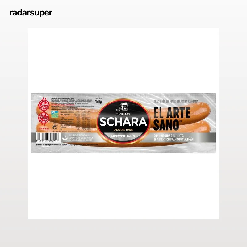 SCHARA Salchichas cocidas y ahumadas tipo Frankfurt, elaboradas artesanalmente en tripa natural SCHARA 170 g.