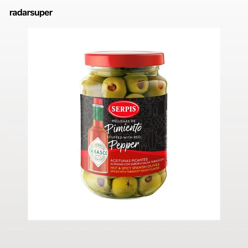 SERPIS Aceitunas aliñadas rellenas de pimiento con sabor a salsa tabasco bote 200 g.