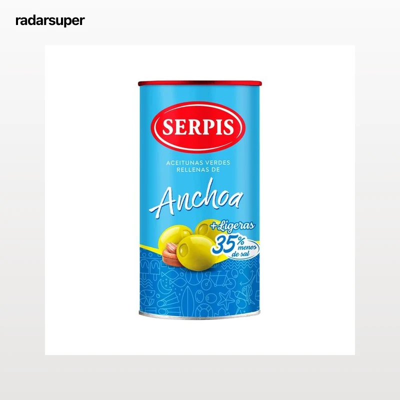 SERPIS Aceitunas verdes rellenas de anchoa (35% menos de sal) lata 150 g.