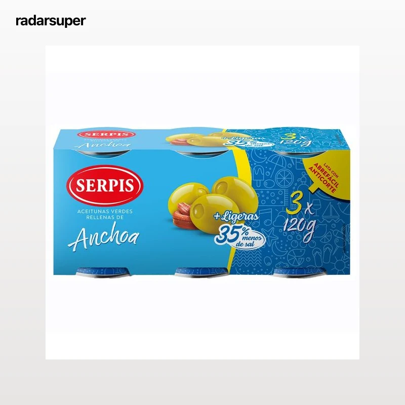 SERPIS Aceitunas verdes rellenas de anchoas (35% menos de sal) lata 3 x 50 g.