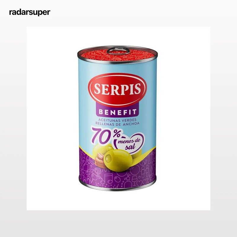 SERPIS Benefit Aceitunas verdes rellenas de anchoa (70% menos de sal) lata 130 g.