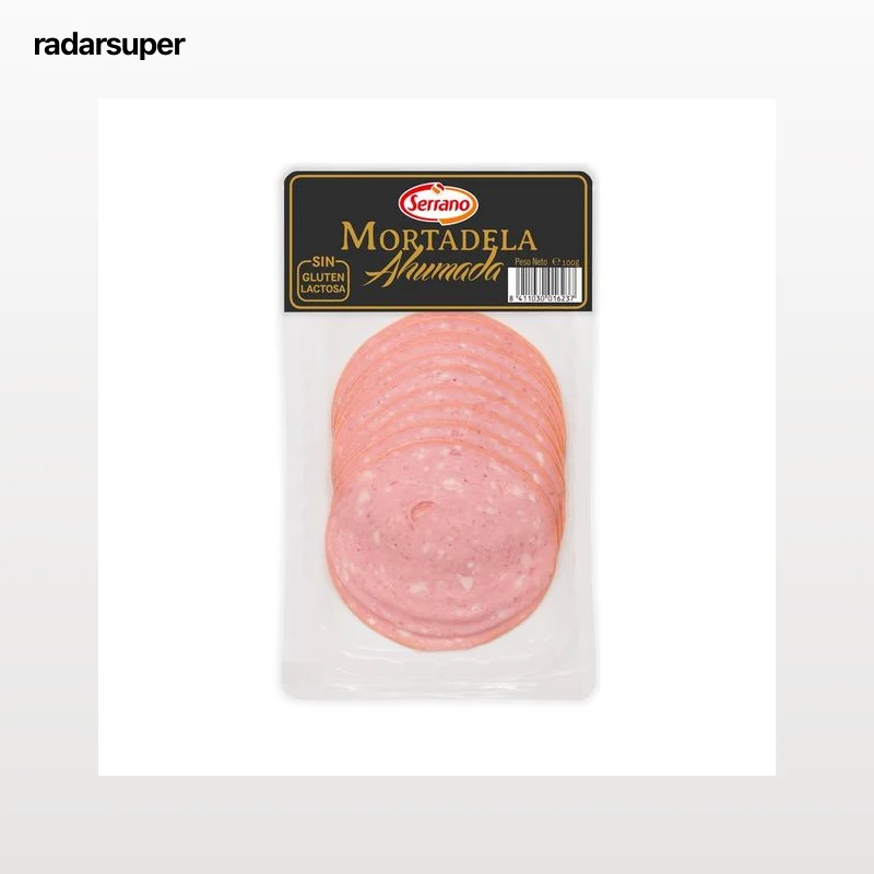 SERRANO Mortadela ahumda, sin gluten y sin lactosa, cortada en lonchas SERRANO 100 g.