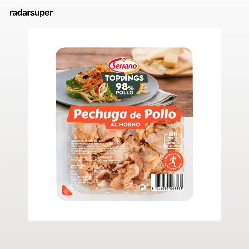 SERRANO Toppings Fiambre de pechuga de pollo al horno, cortada en tiras 140 g.