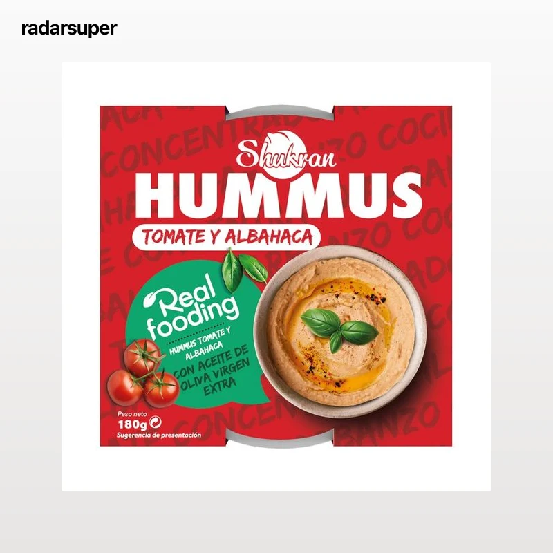 SHUKRAN Humus de garbanzo cocido, con tomate concentrado, albahaca y AOVE 180 g.