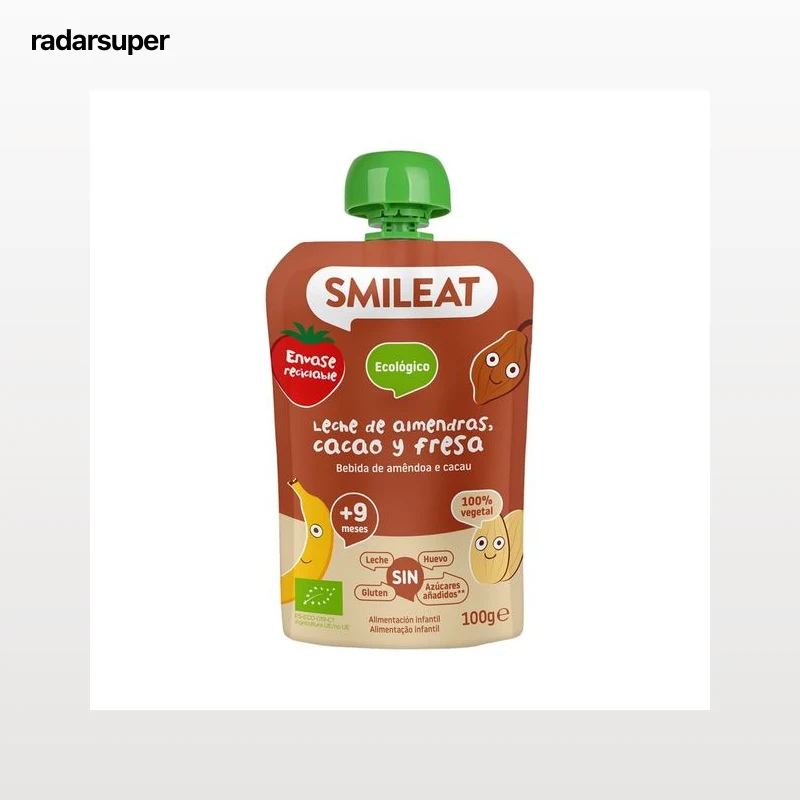 SMILEAT Bolsita de fruta (fresa) ecológica, con leche de almendras y cacao, a partir de 9 meses 100 g.