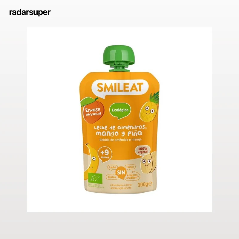 SMILEAT Bolsita de fruta (mango y piña) ecológica con leche de almendras, a partir de 9 meses 100 g.