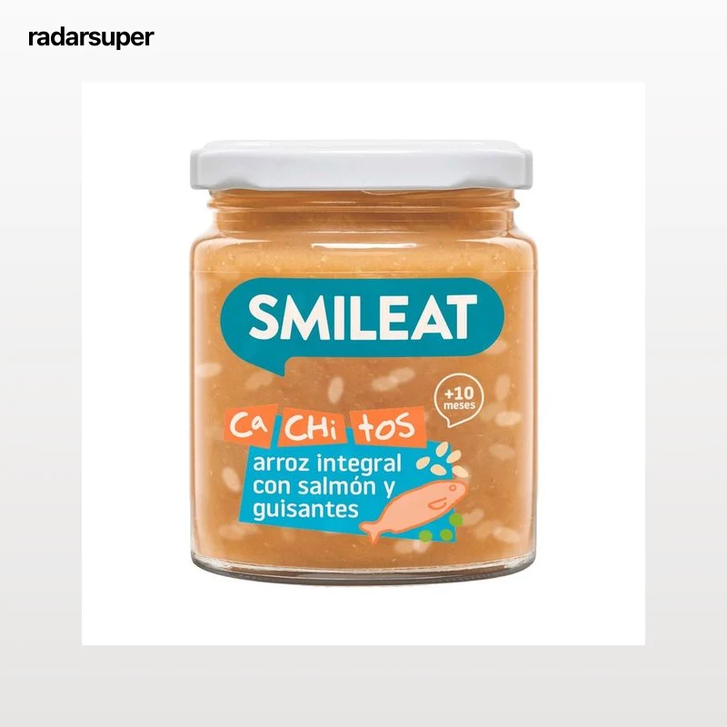 SMILEAT Cachitos Tarrito ecológico de arroz integral con salmón y guisantes a partir de 10 meses 230 g.
