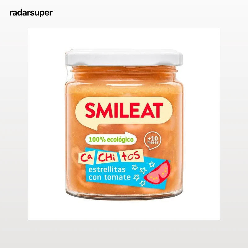 SMILEAT Cachitos Tarrito de pasta con forma de estrellitas con tomate, a partir de 10 meses 230 g.
