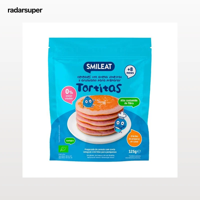SMILEAT Cereales con avena integral y arándanos para preparar tortitas, a partir de 8 meses 125 g.
