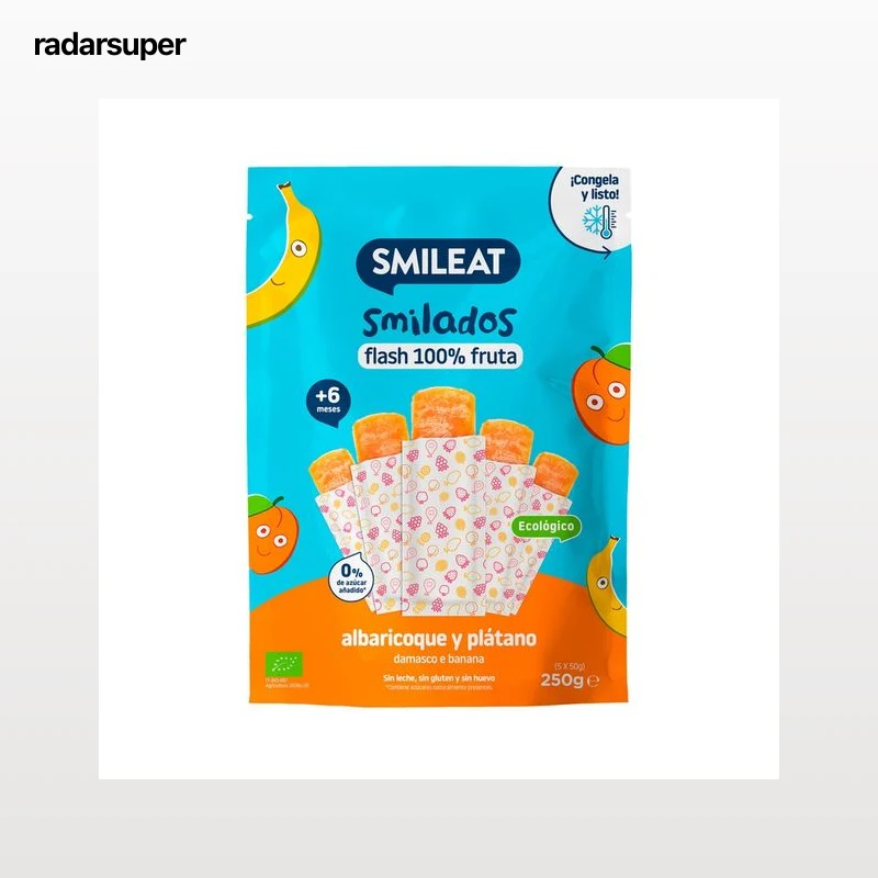 SMILEAT Flash 100% de fruta ecológica (albaricoque y plátano), sin azúcares añadidos, a partir de 6 meses 5 x 50 g.