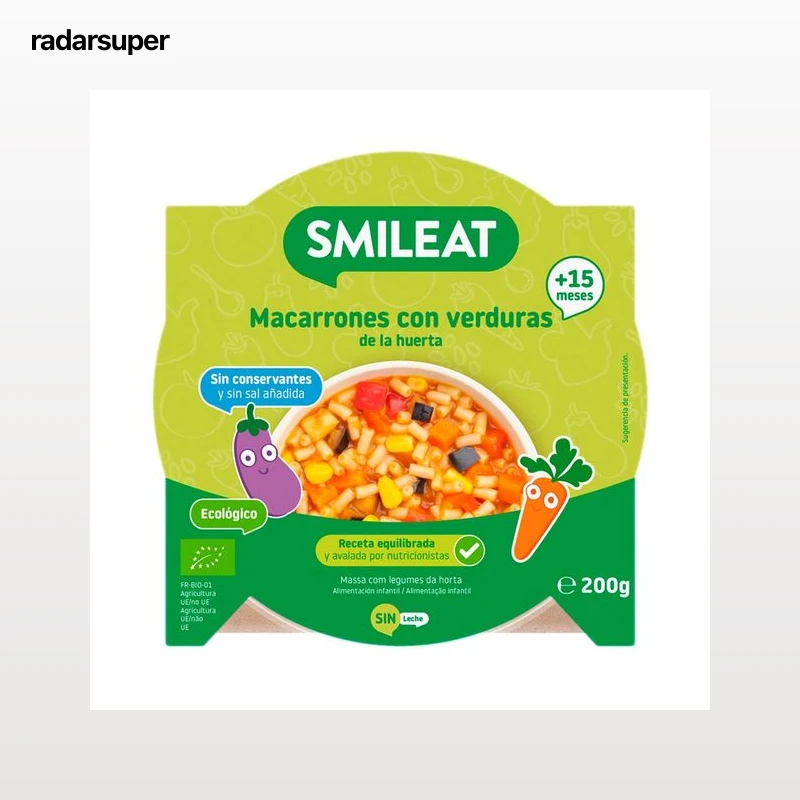 SMILEAT Macarrones con verduras de la huerta ecológicas, a partir de 15 meses 200 g.