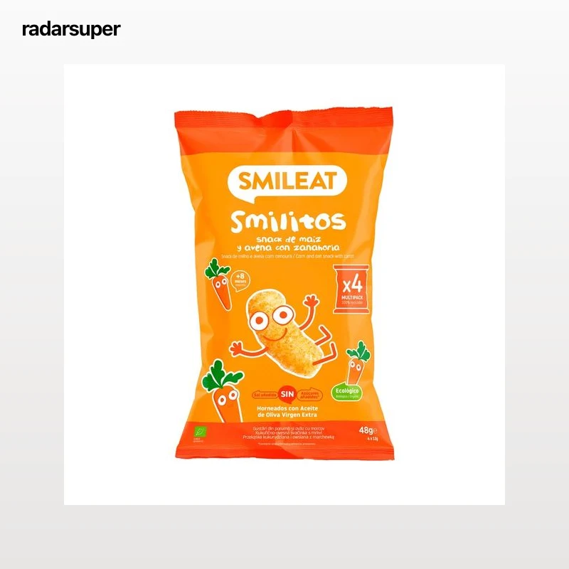 SMILEAT Smilitos Snack horneado ecológico de maiz y avena con zanahoria, a partir de 8 meses 48 g.