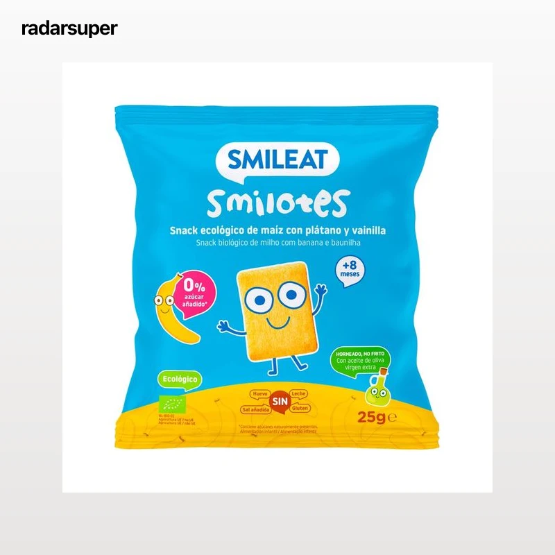 SMILEAT Smilotes Snacks ecológicos de maiz con plátano y vainilla, a partir de 8 meses 25 g.