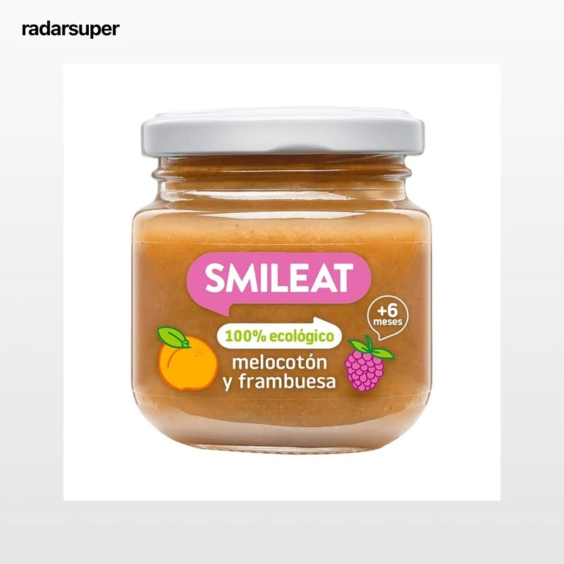 SMILEAT Tarrito de fruta (melocotón y frabuesa) 100% ecológica, a partir de 6 meses 130 g.