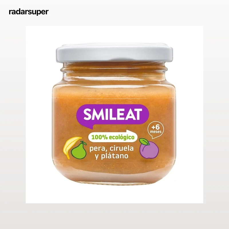 SMILEAT Tarrito de pera, ciruela y plátano ecológicos, a partir de 6 meses 130 g.