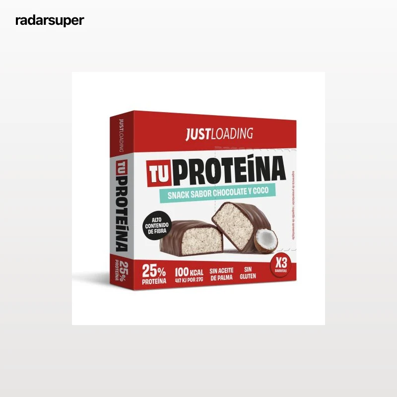 Snack alto en proteínas de chocolate negro y coco Just Loading sin gluten pack 3 unidades de 27 g.