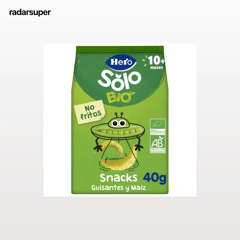 Snack infantil desde 10 meses guisantes y maíz ecológico Hero Solo sin gluten 40 g.