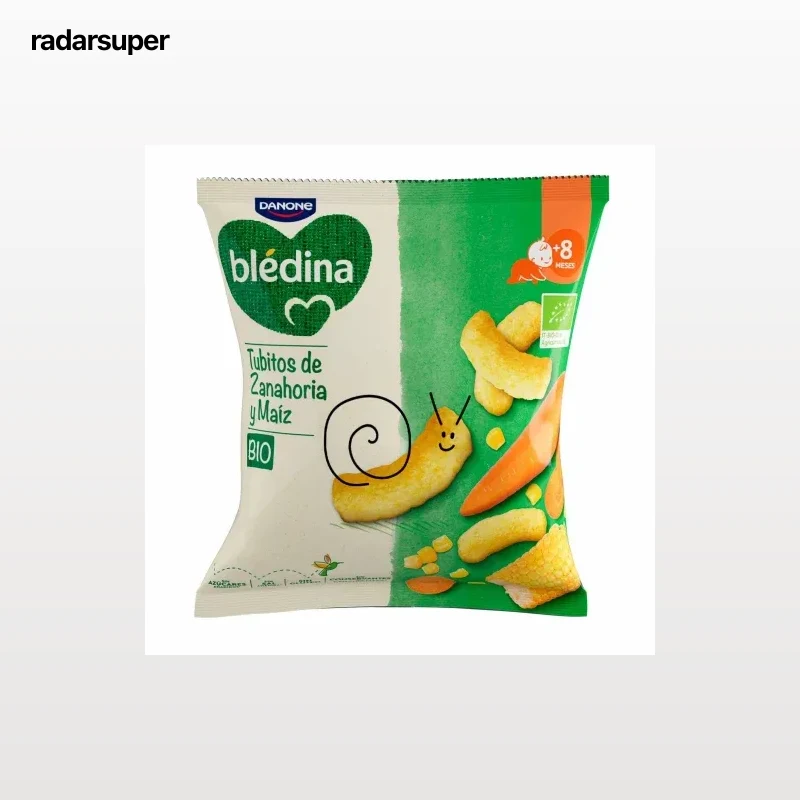 Snack infantil tubitos de zanahoria y maíz desde 8 meses ecológico Danone Blédina sin gluten y sin azúcar añadido 20 g.