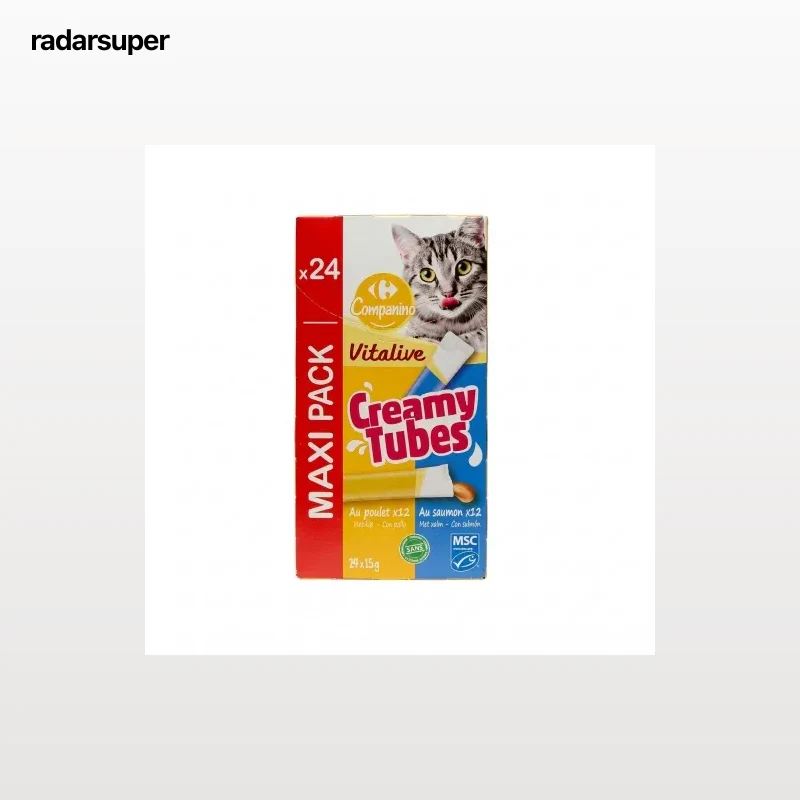 Snack líquido de pollo y salmón para gato Vitalive Creamy Tubes Carrefour Companino 24x15 g