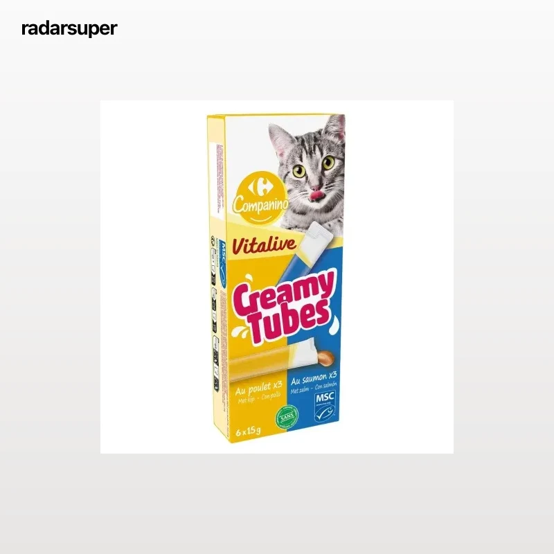 Snack líquido de pollo y salmón para gato Vitalive Creamy Tubes Carrefour Companino 6x15 g