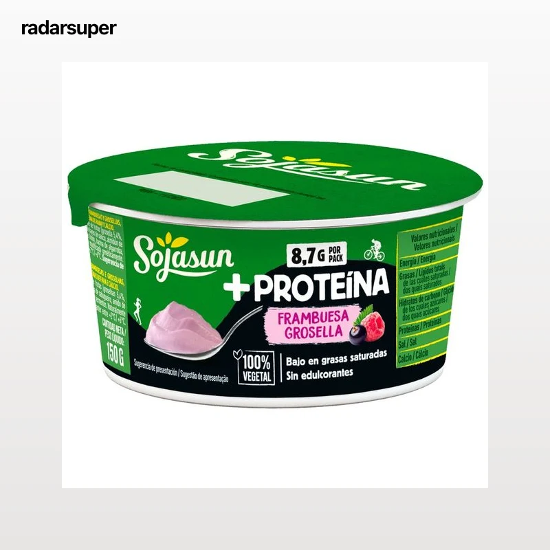 SOJASUN + Proteína Especialidad de soja 100% vegetal, con frambuesas y grosellas, con alto contenido en proteínas 150 g.