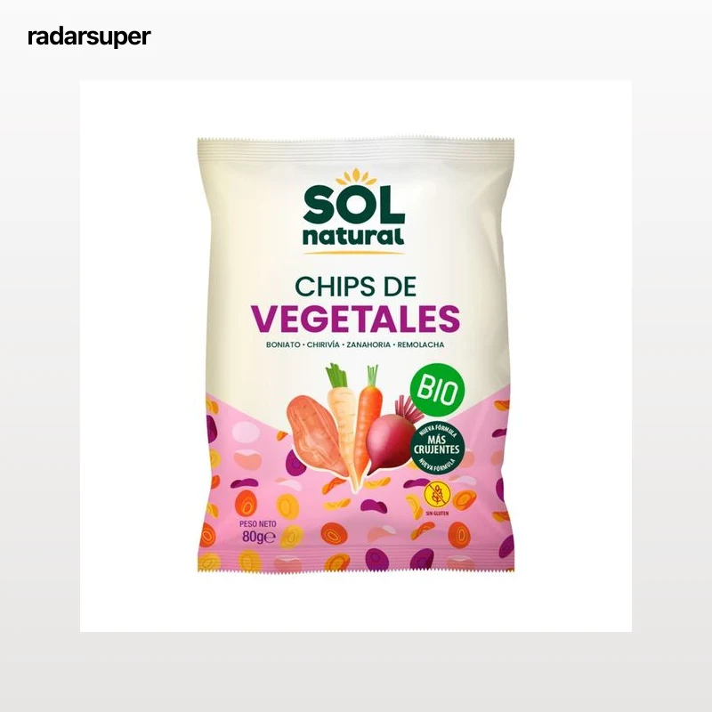 SOL NATURAL Chips de vegetales ecológicos (boniato, chirivía, zanahoria y remolacha) 80 g.