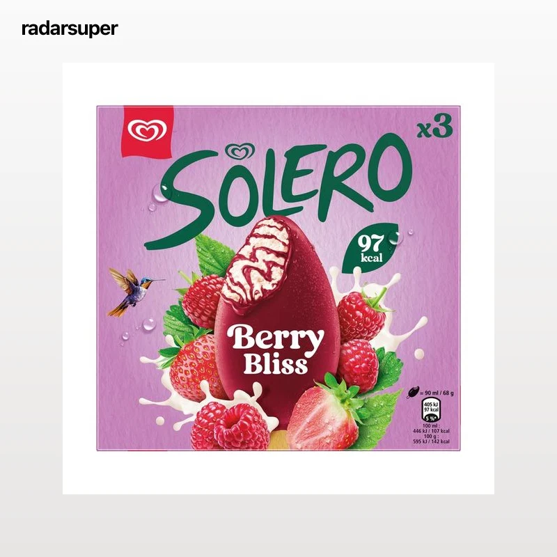 SOLERO Berry bliss Helado de vainilla cubierto de sorbete de frambuesa y fresa 3 x 90 ml.