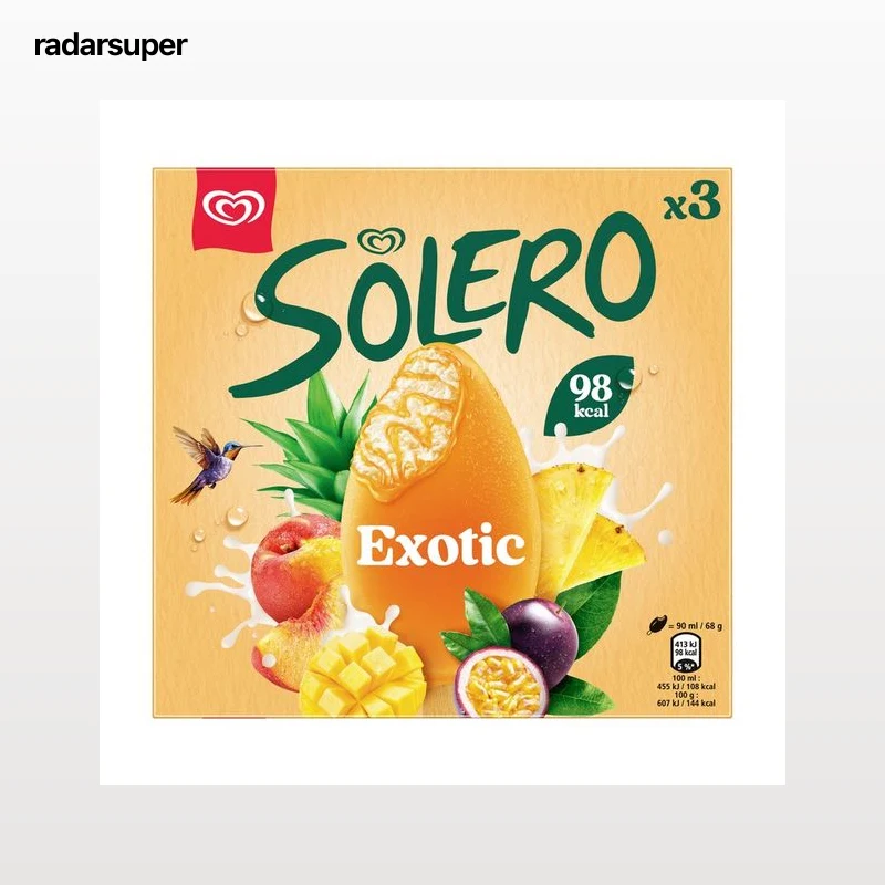 SOLERO Helado de vainilla cubierto de sorbete de frutas exóticas 3 x 90 ml.