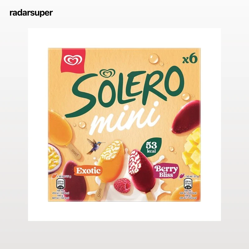 SOLERO Mini polos de frutas (3 frutas exóticas y 3 de frambuesa y fresa) 6 x 50 ml.